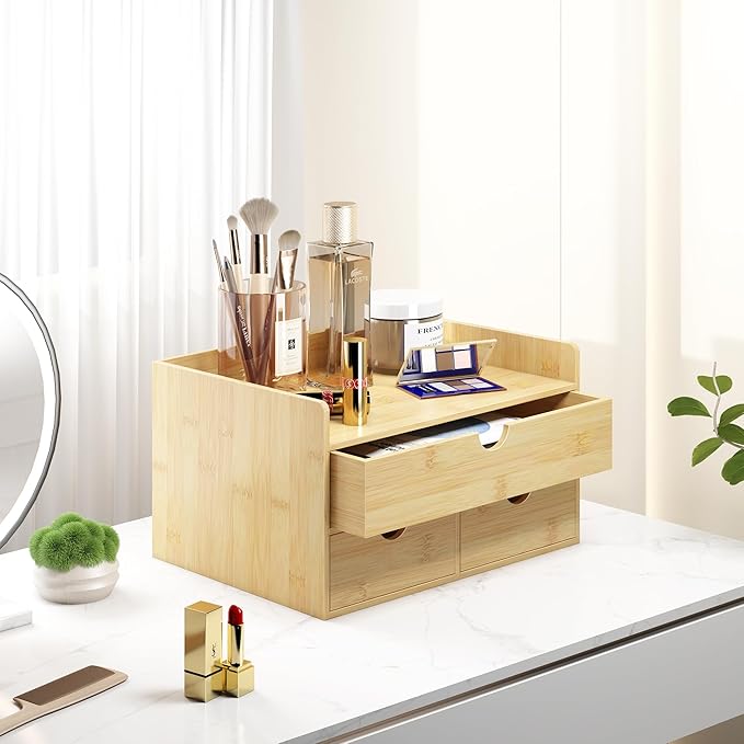 Wisuce Desk Organizer with Drawers - Bamboo Desktop Organizer Storage-Natural Wood Desk Drawers Organizer for Bills, Office Supplies, Cosmetics, Seals No Assembly Required (3 Drawers（top-bottom))