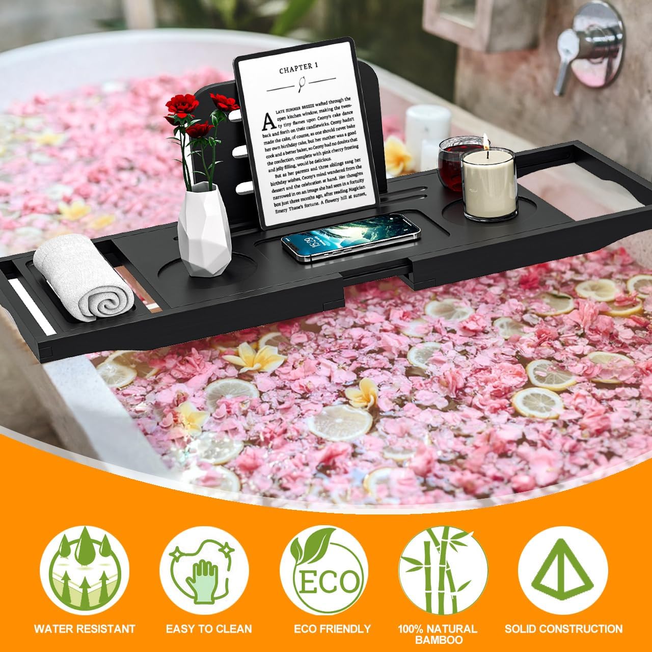 Premium Bathtub Caddy Tray Black - Bath Tray - Bath Tub Tray Table for Bathtub - Bath Caddy Tray for Bathtub, Expandable Size, Fits Most Bath Tubs