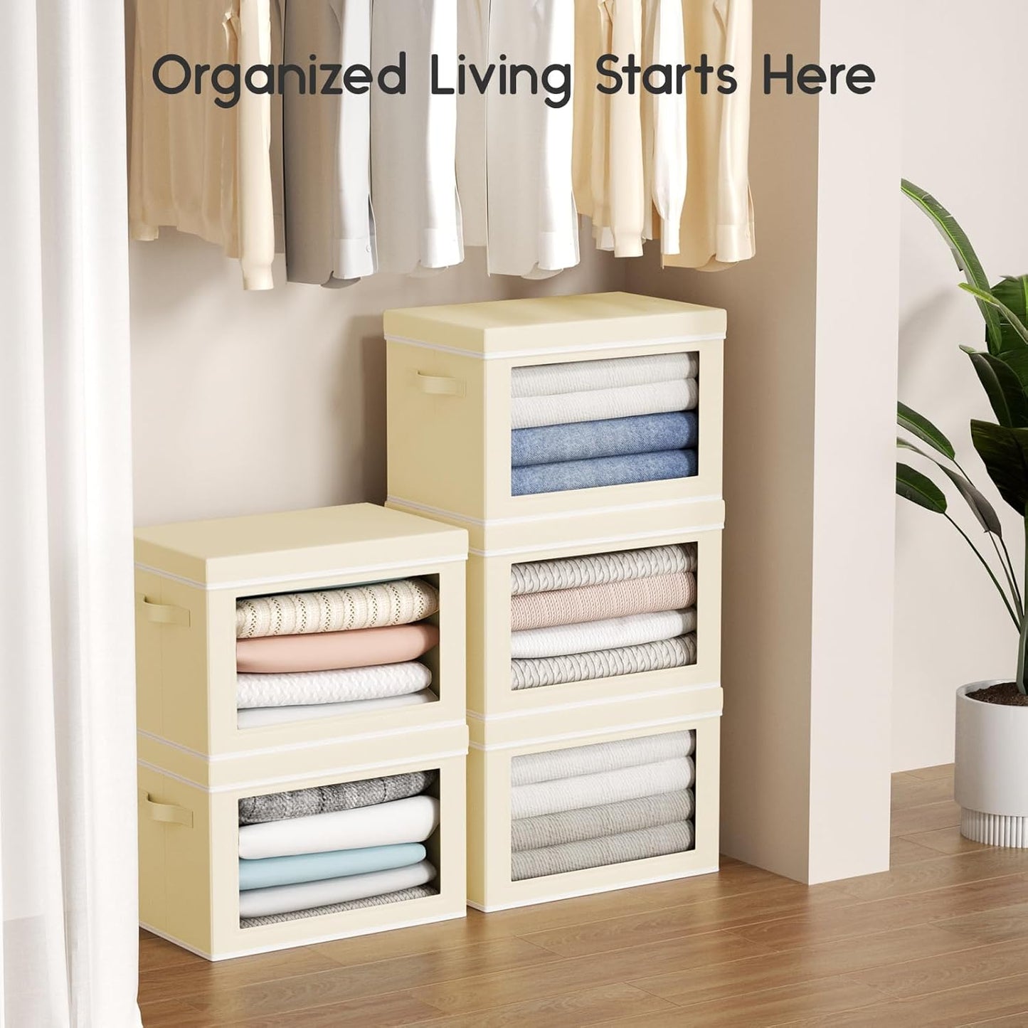 Collapsible Storage Bins with Lids - Stackable Storage Containers with Window, 3 Pack Fabric Organizing Bins for Closet, Home & Office Organization Baskets, Beige, 14.9" x 9.8" x 9.8"