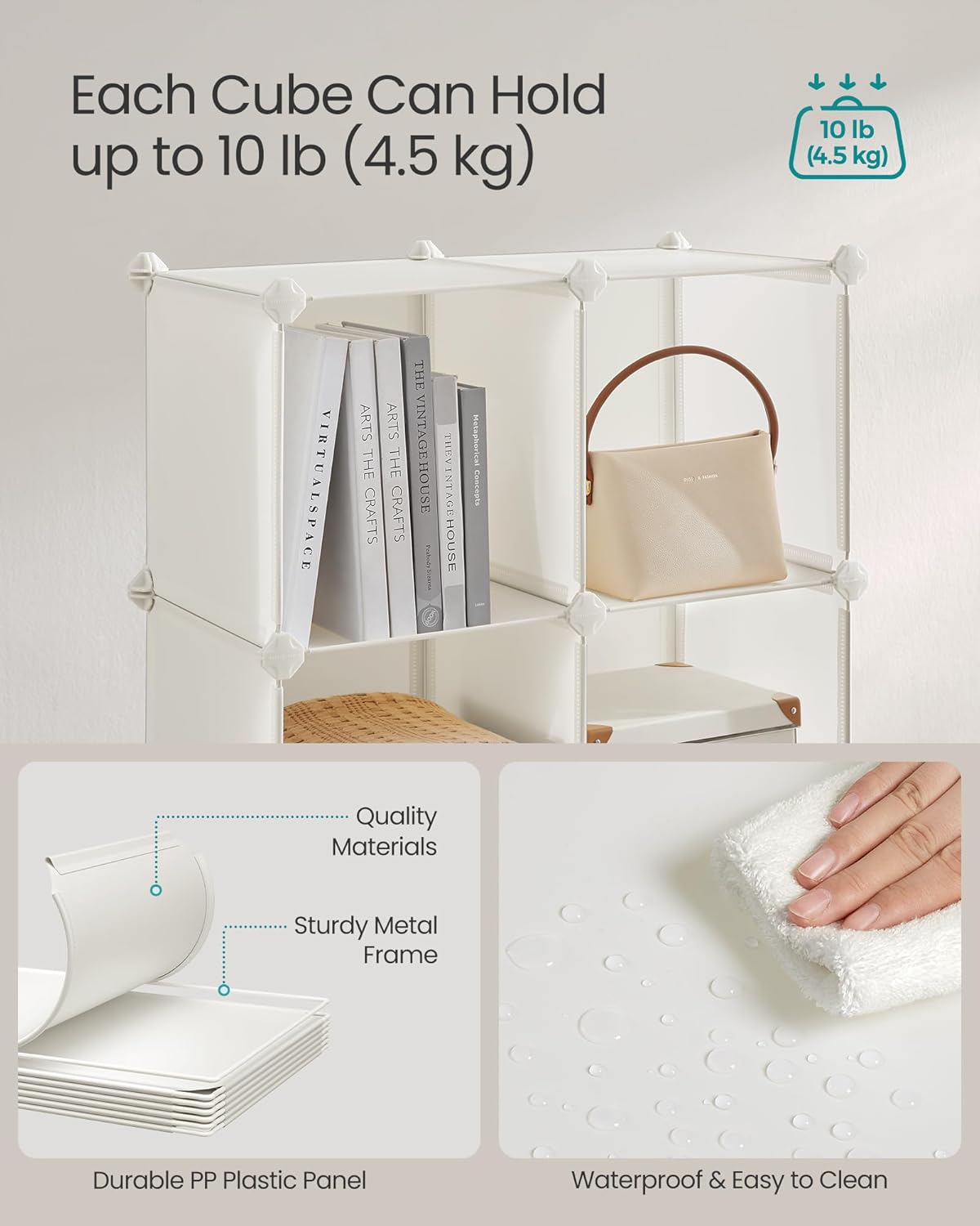 SONGMICS Cube Storage Organizer, Set of 12 Plastic Cubes, Closet Storage Shelves, DIY Plastic Closet Cabinet, Modular Bookcase, Shelving with Doors for Bedroom, Living Room, Cream White ULPC342W02