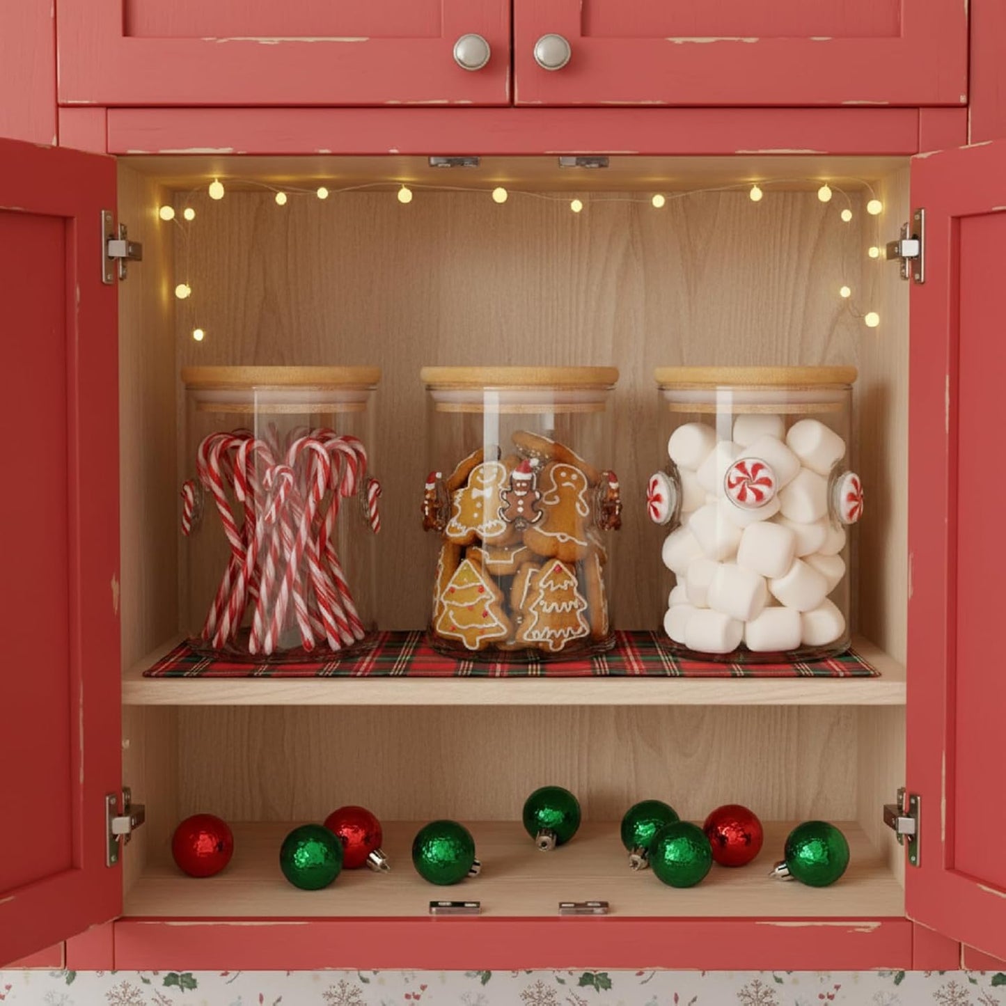 3 Pcs Christmas Icon Glass Storage Jars with Airtight Bamboo Lid Red White Cane Candy Gingerbread Man Christmas Icon Glass Jars Canister Set for Winter Xmas Home Kitchen Countertop