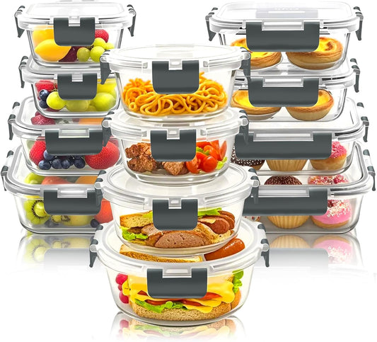 12 Pack Glass Food Storage Container Set with Snap Locking Lids Airtight, Stackable Borosilicate Glass Meal Prep Containers, Microwave, Oven, Freezer and Dishwasher Safe (Gray)