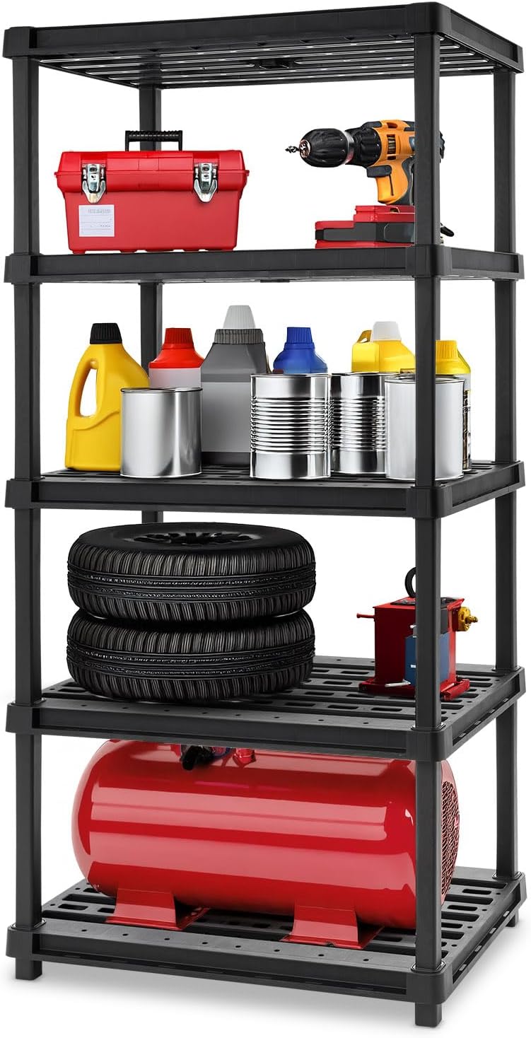 IRIS USA 5-Shelf Extra Heavy Duty Deep Plastic Storage Shelves, 1000lb Capacity, 75" H x 36" W x 24" D, Large Modular Shelving Unit Storage Organizer for Garage, Home, Warehouse & Gym, Rack - Black