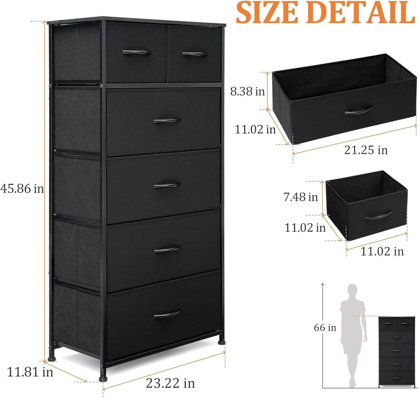 Fabric Dresser for Bedroom, Tall Skinny Dresser with 6 Drawers, Storage Organizer Tower, Steel Frame Wooden Top for Closet, Living Room, Hallway, Nursery(Black)
