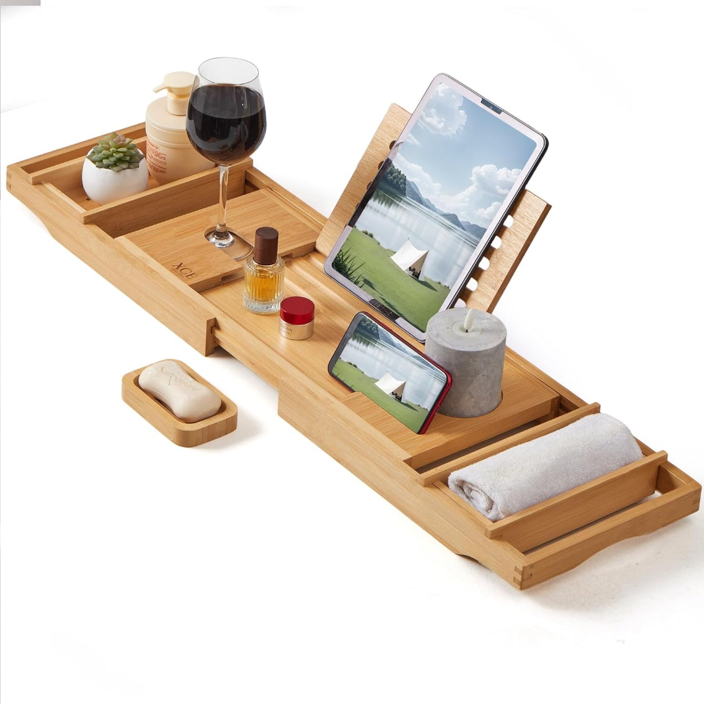 XcE Bathtub Caddy Tray Expandable to 105cm with Bamboo Book Stand and Soap Tray, Natural