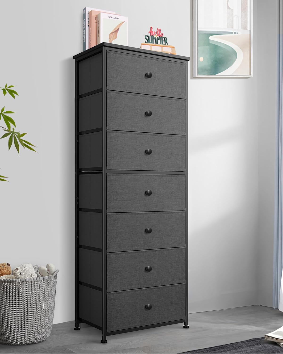 Tall Fabric Dresser for Bedroom, Vertical Storage Organizer Tower with 7 Drawers, Chest of Drawers with Bins, Steel Frame, Wood Top for Bedroom, Closet, Entryway Grey