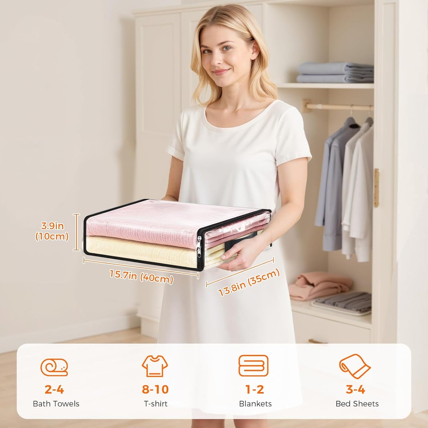 SpaceWhisper 10 Pack Clear Storage Bags, Plastic Blanket Storage Bags with Zipper and Handle, Moving Bags for Comforter, Bedding & Clothes, Closet Organizer and Under Bed Storage (15.7x13.8x3.9 Inch)