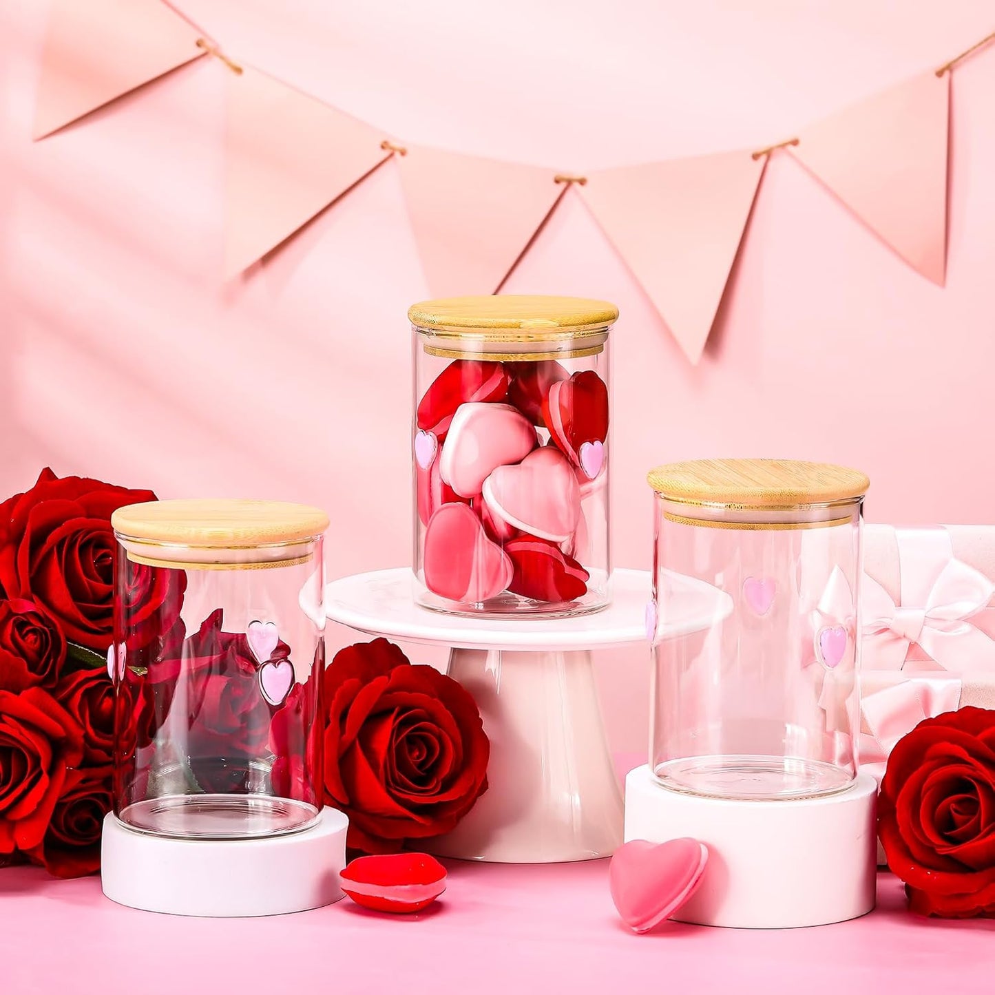 3 Pcs Valentine's Day Icon Glass Storage Jars with Airtight Bamboo Lid Pink Heart Icon Valentine's Day Glass Jars Canister Sets for Home Kitchen Countertop Decoration