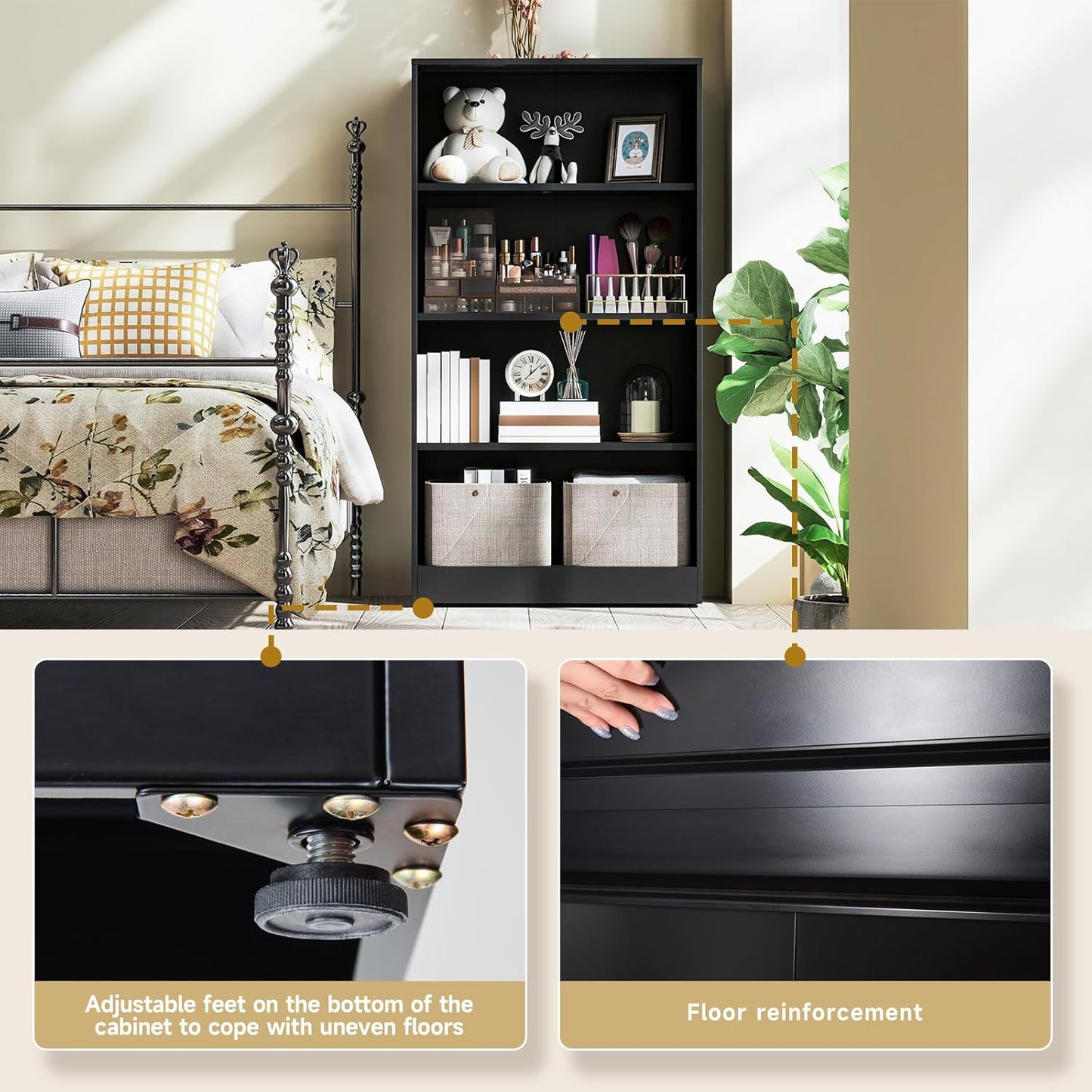 5 Tier Metal Curio Cabinets, Modern Bookshelf Cabinet with 4 Adjustable Shelves, Cabinet Display Case for Home Office, Living Room, Pantry (Black-59H)