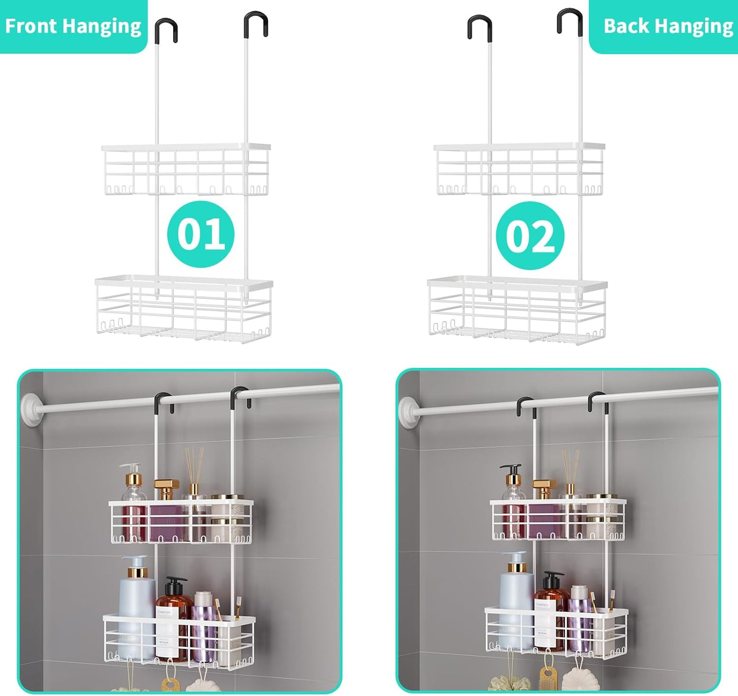 HapiRm Hanging Shower Caddy Organizer - No Drilling Shower Organizer with Hooks, Rustproof & Waterproof 304 Stainless Steel Bathroom Shelves - White