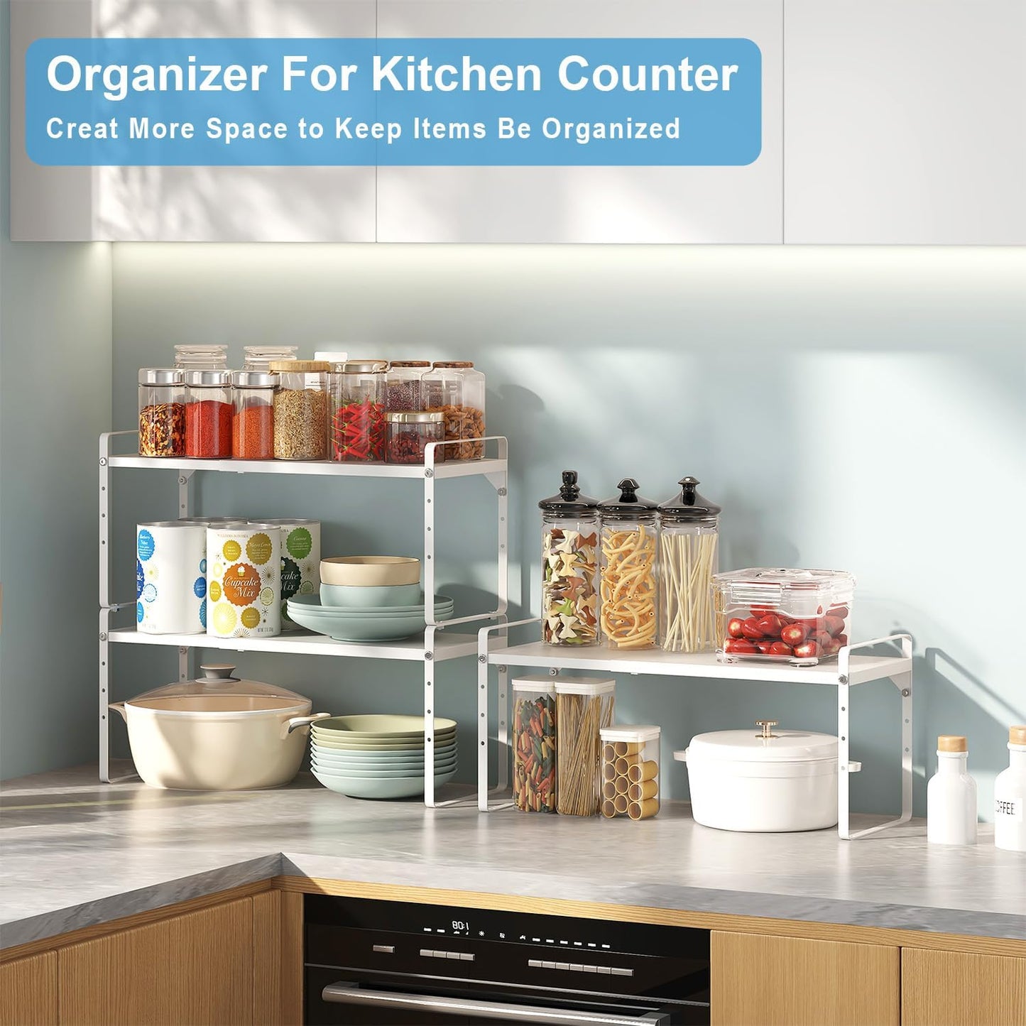 15.5 to 25.5 Inch Kitchen Cabinet Shelf Organizers, Adjustable Kitchen Counter Shelf Organizer, Set of 4 Expandable Countertop Storage Shelves, Stackable Design, 30LBS Heavy Duty, Space Saver