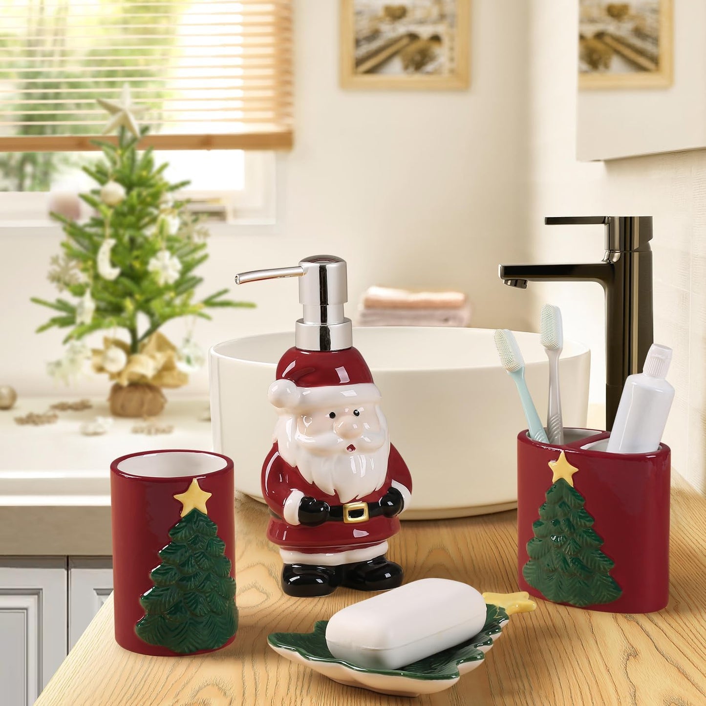 Merry Christmas Bathroom Accessories Set 4 Pieces Toothbrush Holder Soap Dispenser Ceramic Bathroom Accessory Set Contain Toothbrush Cup Soap Dish Tumbler