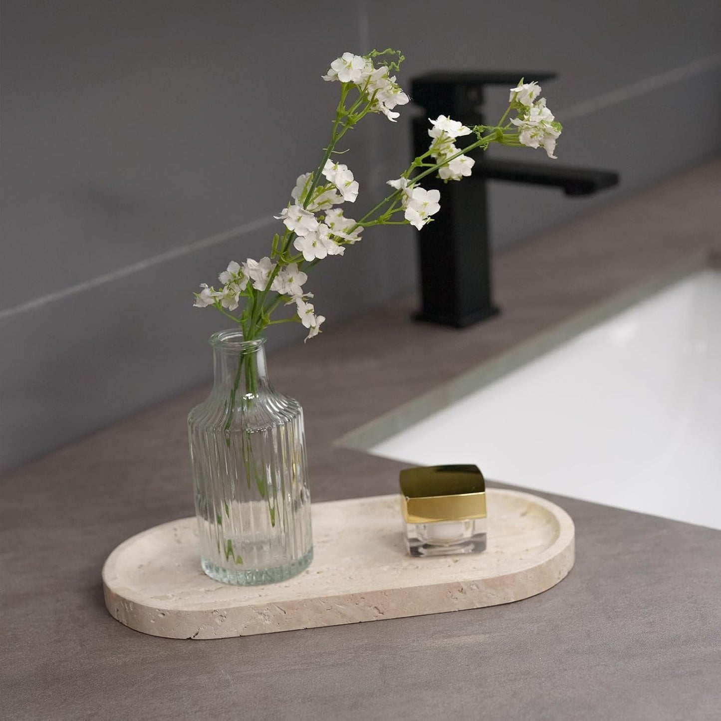 Beige Travertine Vanity Tray | Natural Stone Bathroom Organizer | Perfume & Jewelry Storage for Spa, Bedroom, Kitchen | Non-Slip Waterproof Design,11.8"x7.8"x0.6"