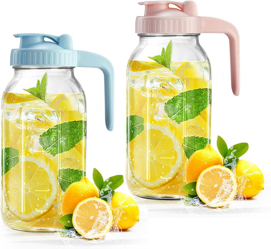 2 Pack Mason Jar with Pour Spout Lid V-shaped, 2 Quart Iced Tea Pitcher Double Leak Proof, 64 oz Drink Pitcher for Breastmilk, Sun Tea, Juice, Coffee Creamer, Formula Pitche