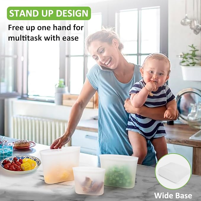 Reusable Storage Bag, 12 Pack 100% Silicone Food Storage Bags Stand Up Silicone Zip Lock Bags for Food Container, Freezer Microwave Oven Dishwasher Safe, 4 Medium 4 Small 4 Extra Small, Translucent