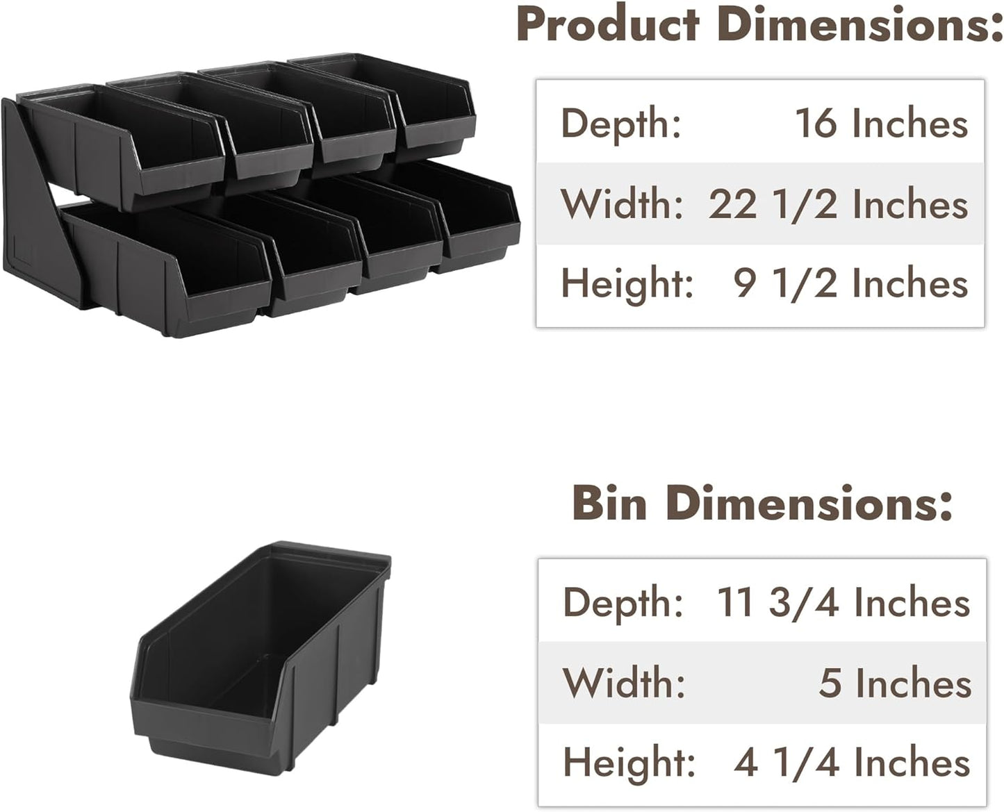 CURTA Black Self Serve Condiment Bin Stand Set, 2-Tier Stand with 8 Bins, 22.5" D x16" W x 9.5" H, Coffee Bar Beverage Station