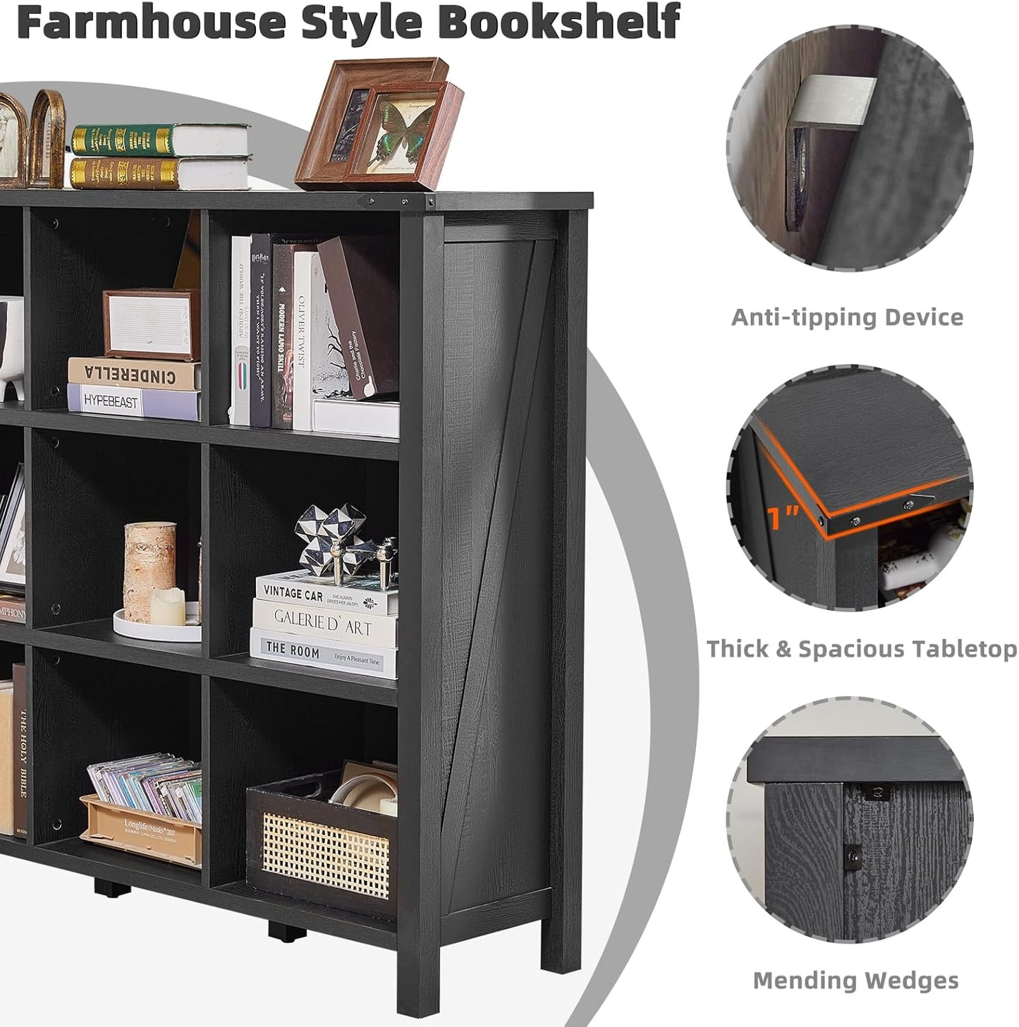 9 Cube Bookcase, Farmhouse 47 Inch Wide Black Bookshelf, Wooden 3 Tier Display Large Open Book Shelf, Vintage Horizontal Book Case for Home Office, Cubby Storage Cabinet for Living Room