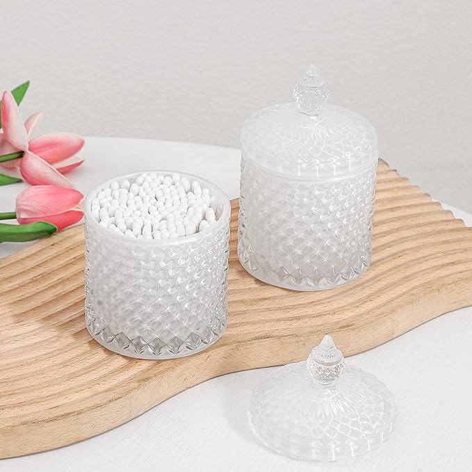 2 Pack Qtip Holder Thick Glass Apothecary Jars with Lid for Bathroom Decor Storage Organizer for Cotton Swabs, Balls, Pads, Floss Picks, Candy, Jewelry, White