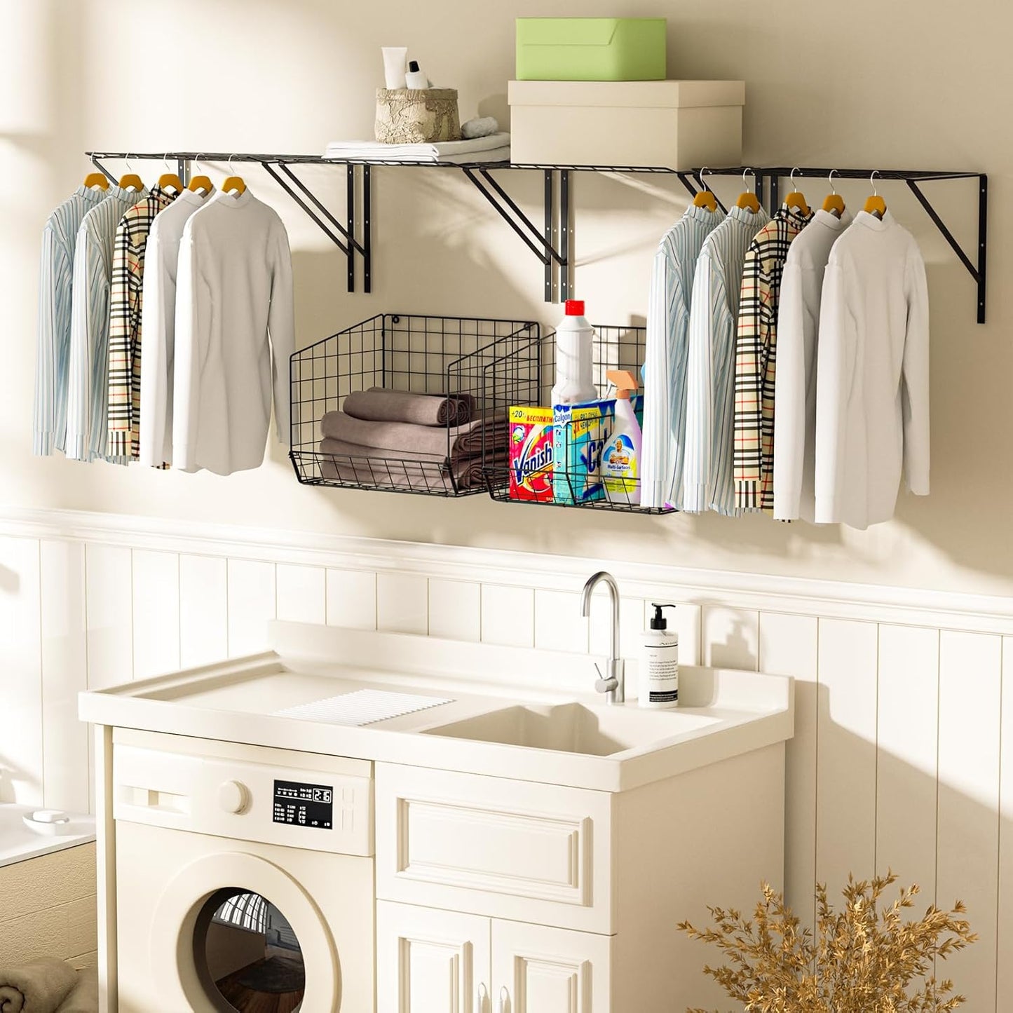 4 Pack Laundry Room Shelves Wall Mounted with Wire Baskets, Laundry Room Organizer and Storage, Over The Washer and Dryer Wire Shelf with 2 Removable dividers and 8 S-Shaped Hooks