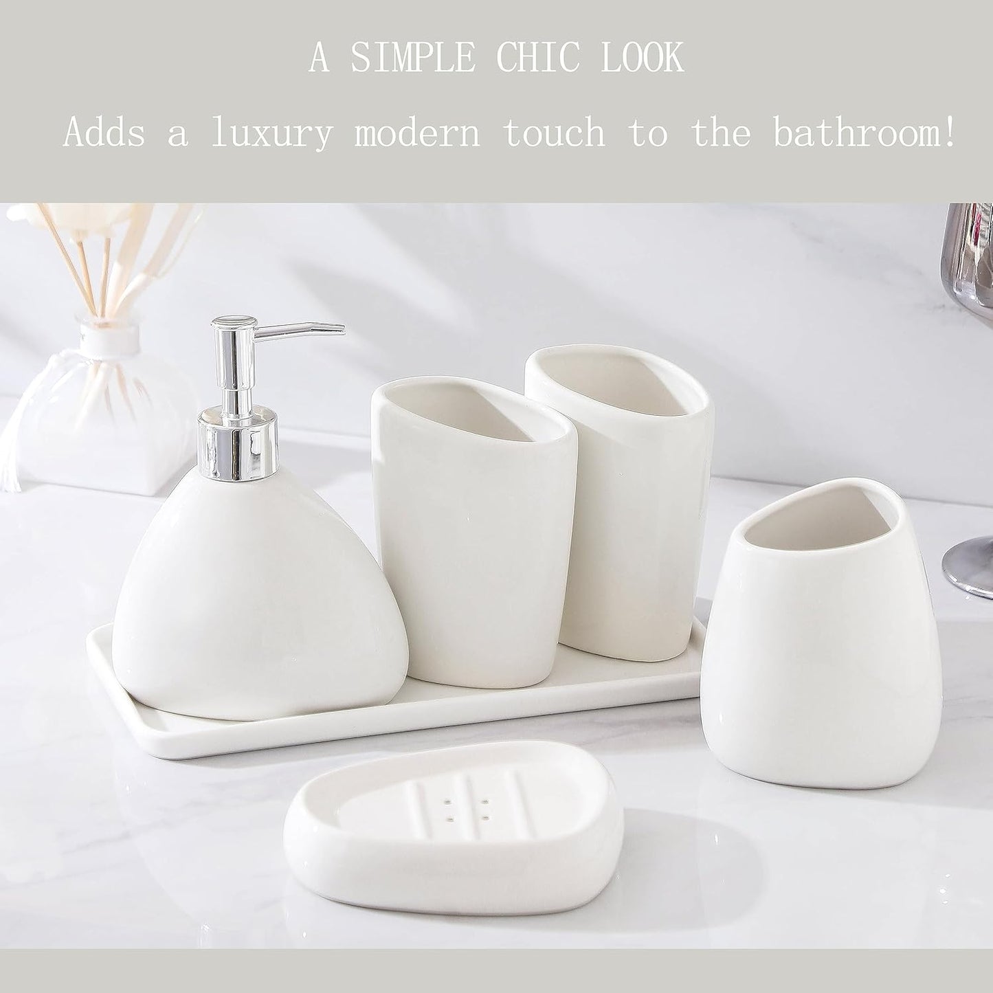 Ceramic Bathroom Accessory Set with Ceramic Tray, 6 Pieces Bathroom Countertop Accessory Set, Include Soap Dispenser, Toothbrush Holder, 2 Tumbler, Soap Dish, Vanity Tray,White