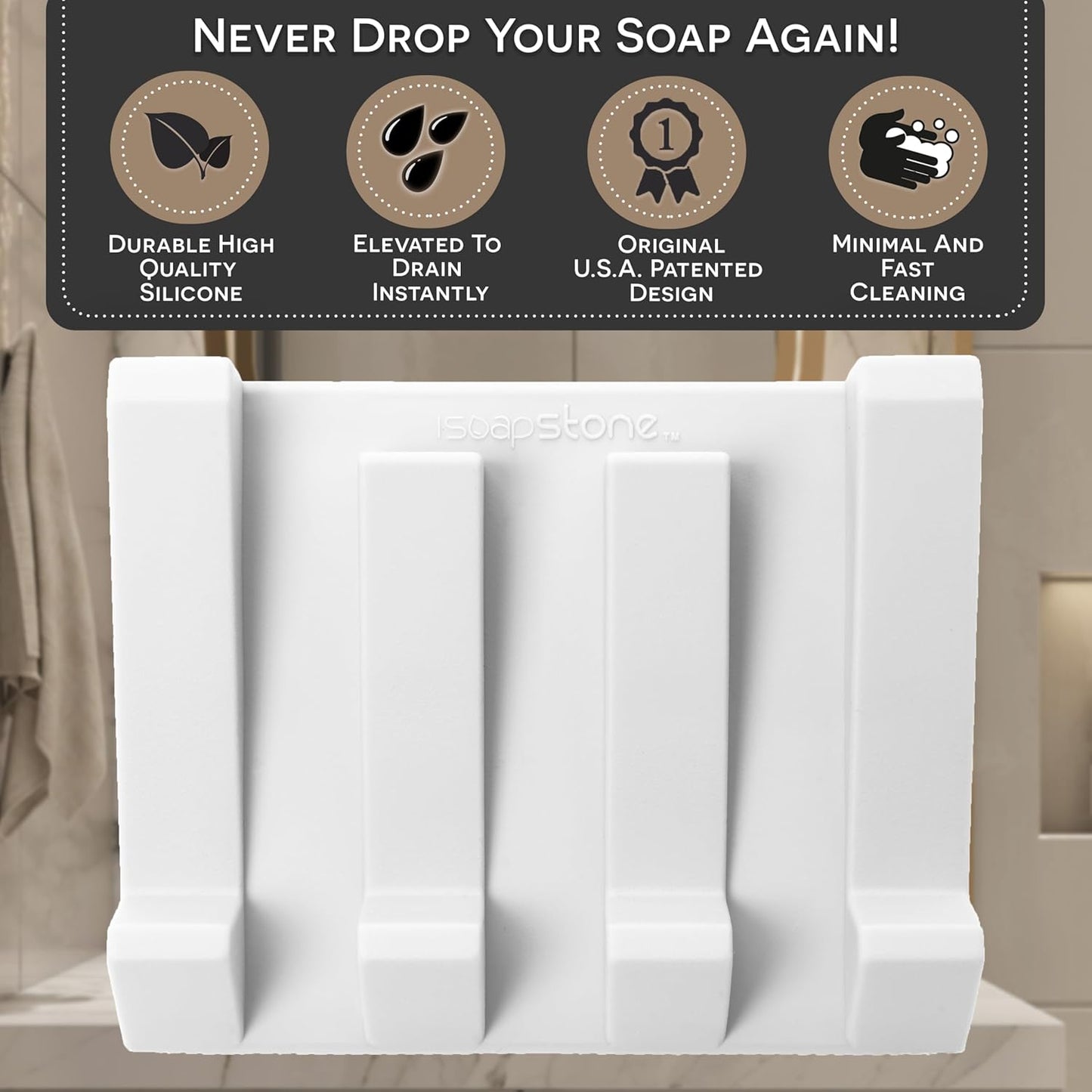 Silicone Soap Dish (USA Patented) Self Draining Bar Soap Holder for Shower Bathroom Sink, Drying Soap Dish Tray Kitchen Sponge Holder Easy Cleaning Soap Saver Mat (Pure White, 2)