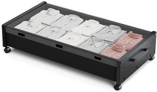 KITHELP Wooden Under Bed Storage with Wheels, Rolling Under the Bed Storage Bins with Removable Lid, Metal Under Bed Drawers for Clothes and Shoes in Bedroom or Living Room(Black Wood-1pack)