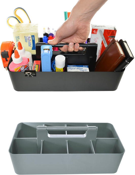 Portable Caddy Organizer -2 Stackable Plastic Caddy with Handle | Desk, Makeup, Dorm Caddy, Classroom Art Organizers (Made In Usa) (Black/Orion Gray)