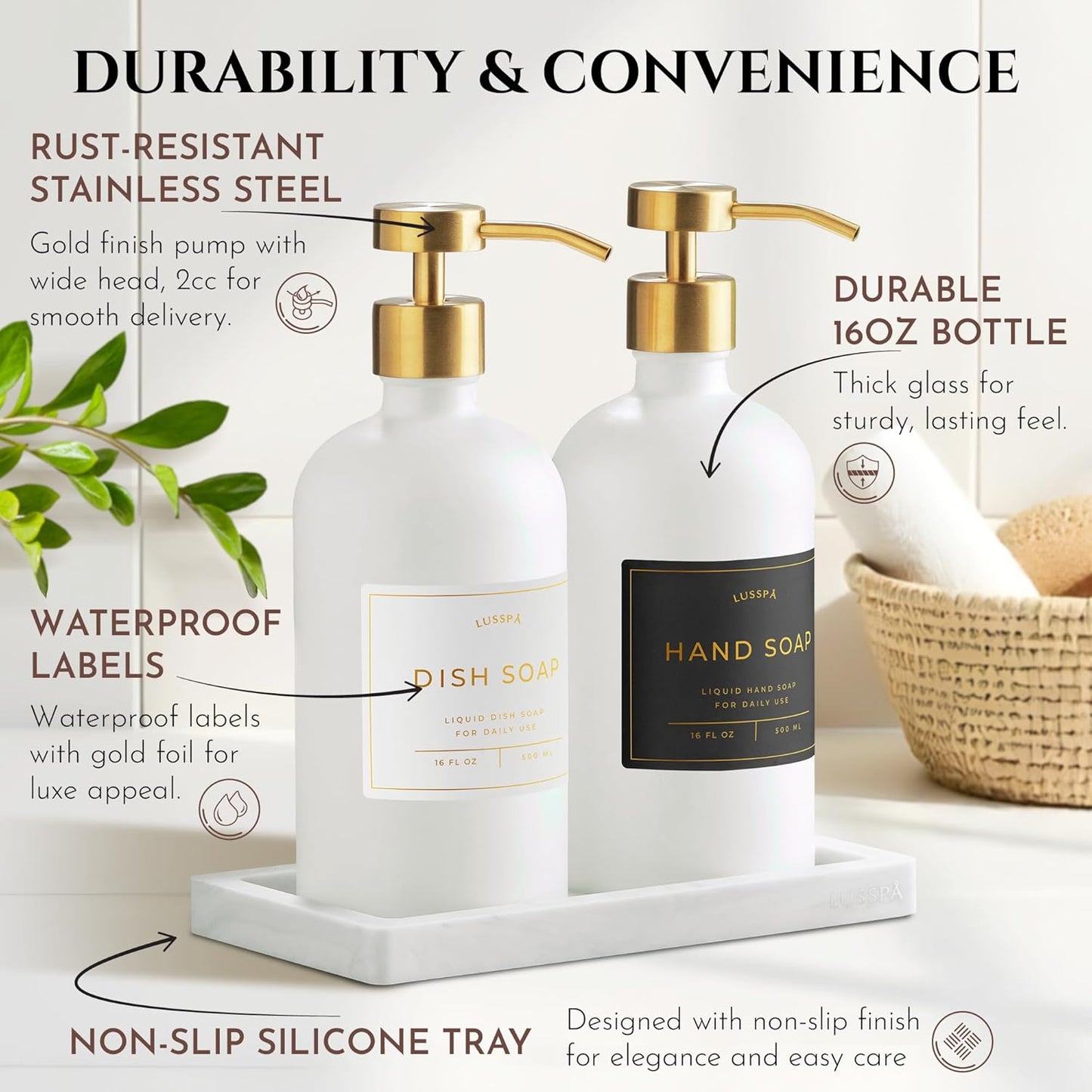 Lotion, Hand & Dish Soap Dispenser for Kitchen Sink - Bathroom Soap Dispenser Set of 2 16.8 Oz Glass Bottles with Stainless Steel Pump, 15 Water Proof Labels & Silicon Tray (White/Gold)