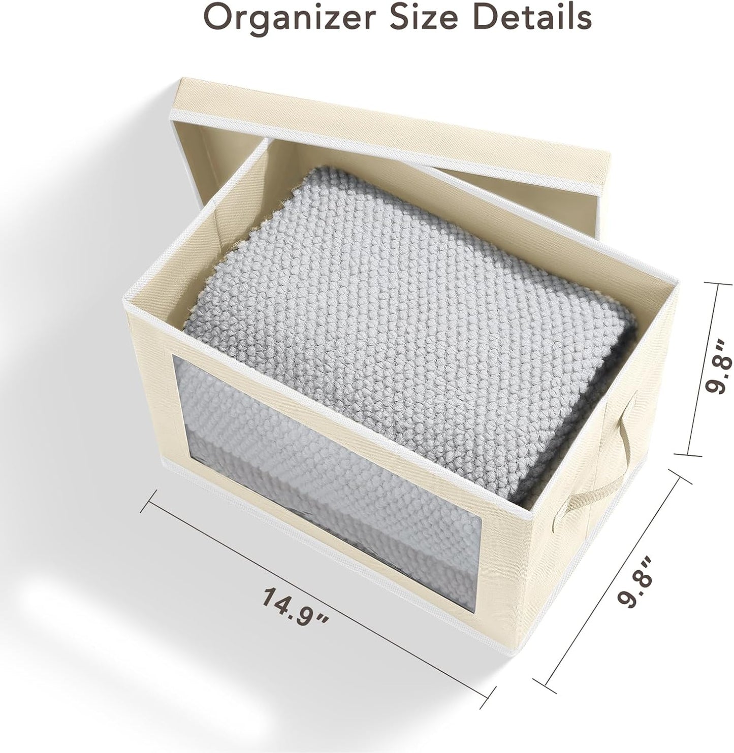 Storage Cubes with Lids - 5 Pack Foldable Clear Window Storage Bins, Large Decorative Storage Bins with Handles, Storage Containers for Clothes, Towel, Blanket, Sheet, Beige