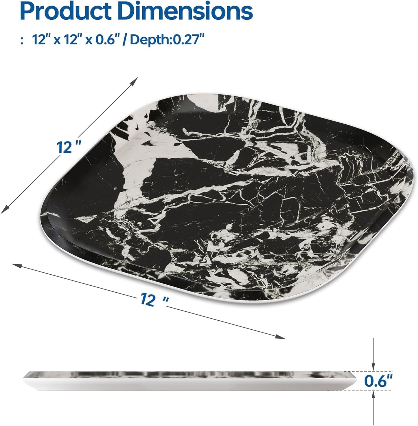 Vanity Decorative Glass Tray,12" x 12" Black Marble Pattern Perfume Tray, Bathroom Tray Countertop Organizer for Soap Towel, Jewelry, Candle