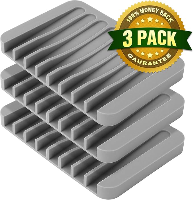 Anwenk 3-Pack Soap Holder for Shower Waterfall Drainer - Flexible Silicone for Shower/Bathroom/Kitchen/Counter Top, Keeps Soap Bars Dry & Clean - Easy to Clean - Grey