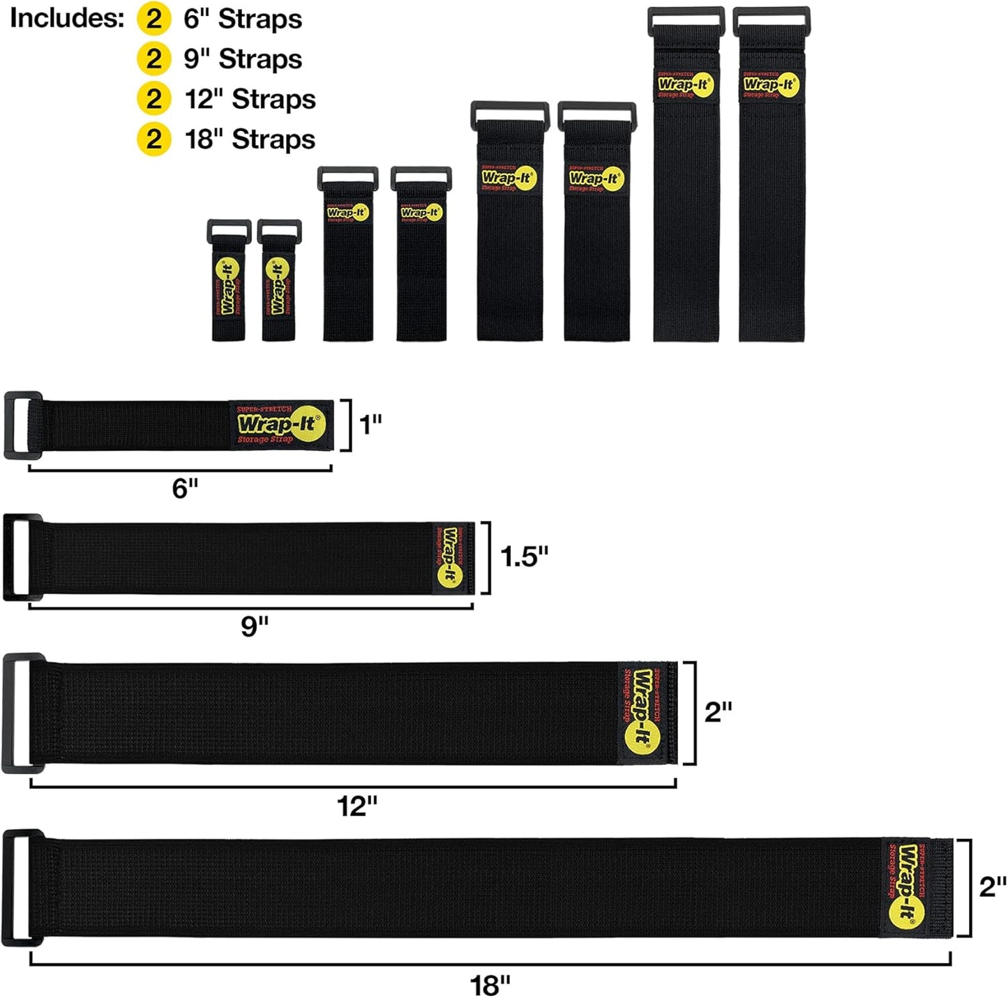Super-Stretch Wrap-It Storage Straps (Assorted 8 Pack) - Elastic Hook and Loop Cinch Straps - Extension Cord Organizer, Hose, Rope and Cables Straps, Cord Wrap, Garage and RV Organization, Dad Gift