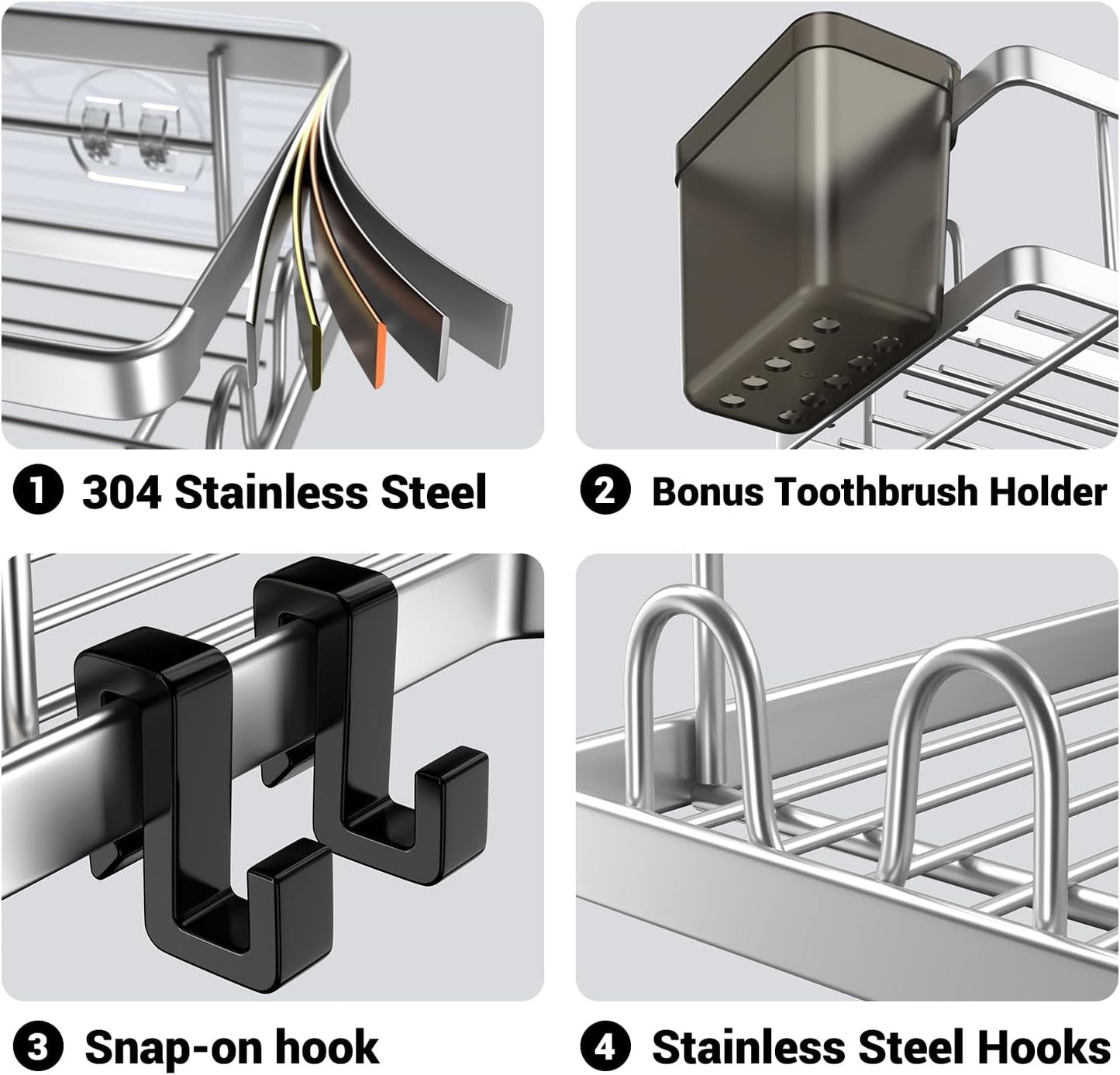 Corner Shower Caddy Shelf Rack: 2 Pack Adhesive Shower Organizer Essentials - No Drilling Stainless Steel Shower Storage Rack with Hooks and Toothpaste Holder - Bathroom Accessories