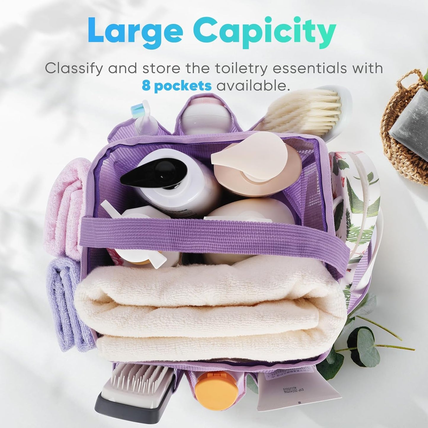 EUDELE Mesh Shower Caddy Portable for College Dorm Room Essentials,Portable Shower Caddy Dorm with 8-Pocket Large Capacity, Shower Bag for Beach, Swimming, Gym-Purple