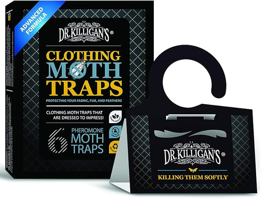 Dr. Killigan's Premium Double Potent Clothing Moth Traps with Pheromones Prime, Organic Clothes Moth Trap with Lure for Closets & Carpet, Case Making & Web Spinning (6 Pack, Black)