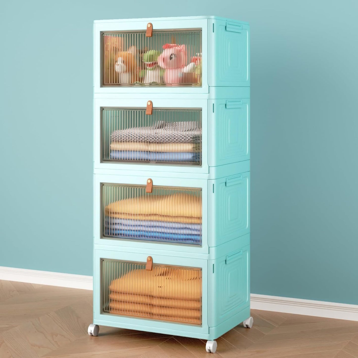 4 Tier Stackable Plastic Storage Bins with Lid and Wheels - 23 QT Closet Organizers and Storage, Foldable Storage Containers, Organization and Storage Boxes for Craft, Home, Pantry, Dorm, Green