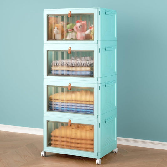 4 Tier Stackable Plastic Storage Bins with Lid and Wheels - 23 QT Closet Organizers and Storage, Foldable Storage Containers, Organization and Storage Boxes for Craft, Home, Pantry, Dorm, Green