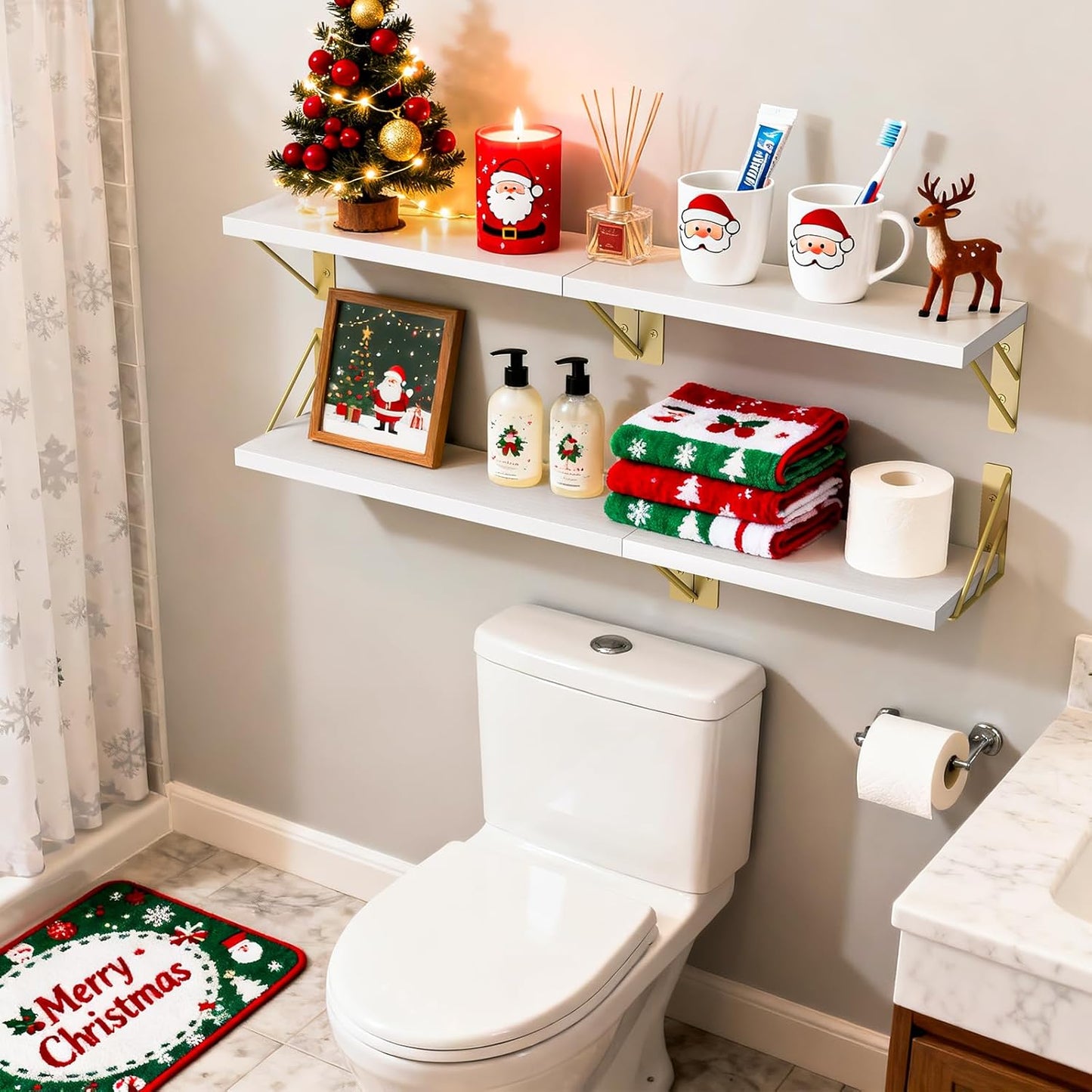 BAYKA Wall Shelves for Bedroom Decor, Floating Wall Shelf for Living Room Kitchen Storage, Mounted Rustic Wood Shelves for Kids Books, Corner Shelf for Bathroom(White and Gold，Set of 4)