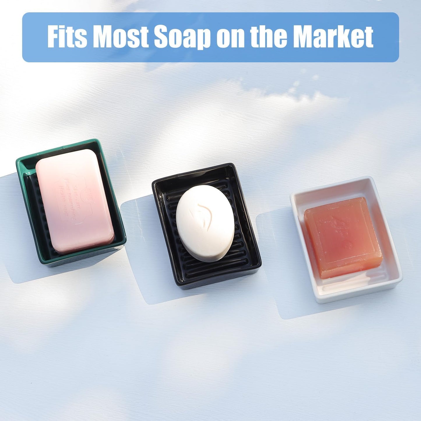 Simple Modern Ceramic Soap Dish for Bathroom Sink, Dark Green Decorative Soap Holder, Soap Bar Holder with Higher Draining Ridges for Shower, Kitchen, Easy to Clean