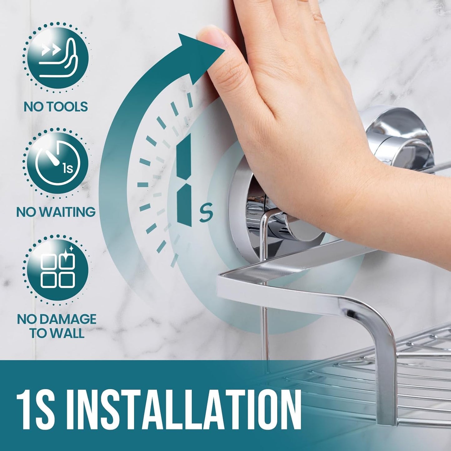 TAILI 2 Pack Powerful Suction Cup Corner Shower Caddy, Stainless Steel Rustproof Shower Shelf with Hook, Drill-Free Wall Mounted Basket, Large Capacity Removable Suction Cup Bathroom Organizer, Silver