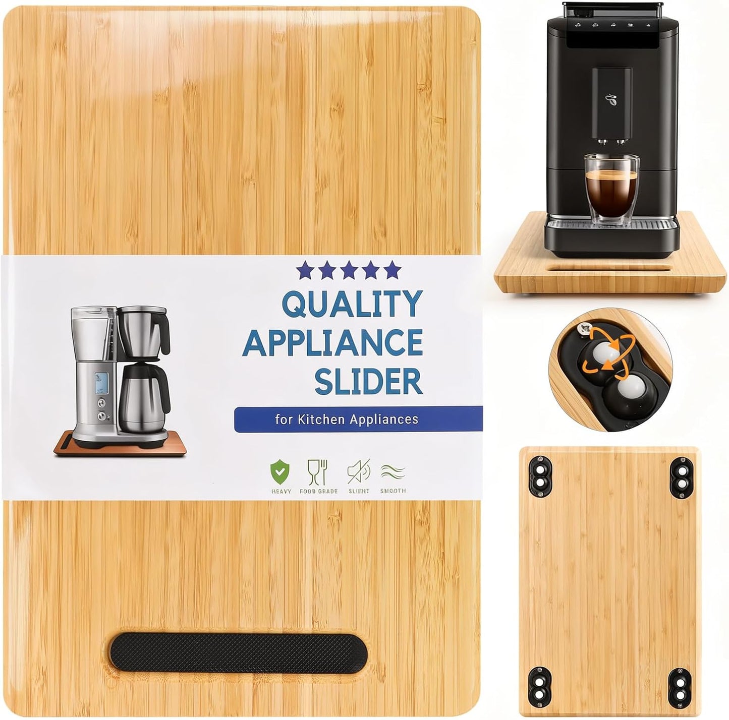 Fullin Bamboo Sliding Tray for Coffee Maker, 360° Rotation Appliance Slider for Kitchen Appliances Rolling Tray for Kitchen Countertop Organizer with Rubber Wheels Housewarming Gifts