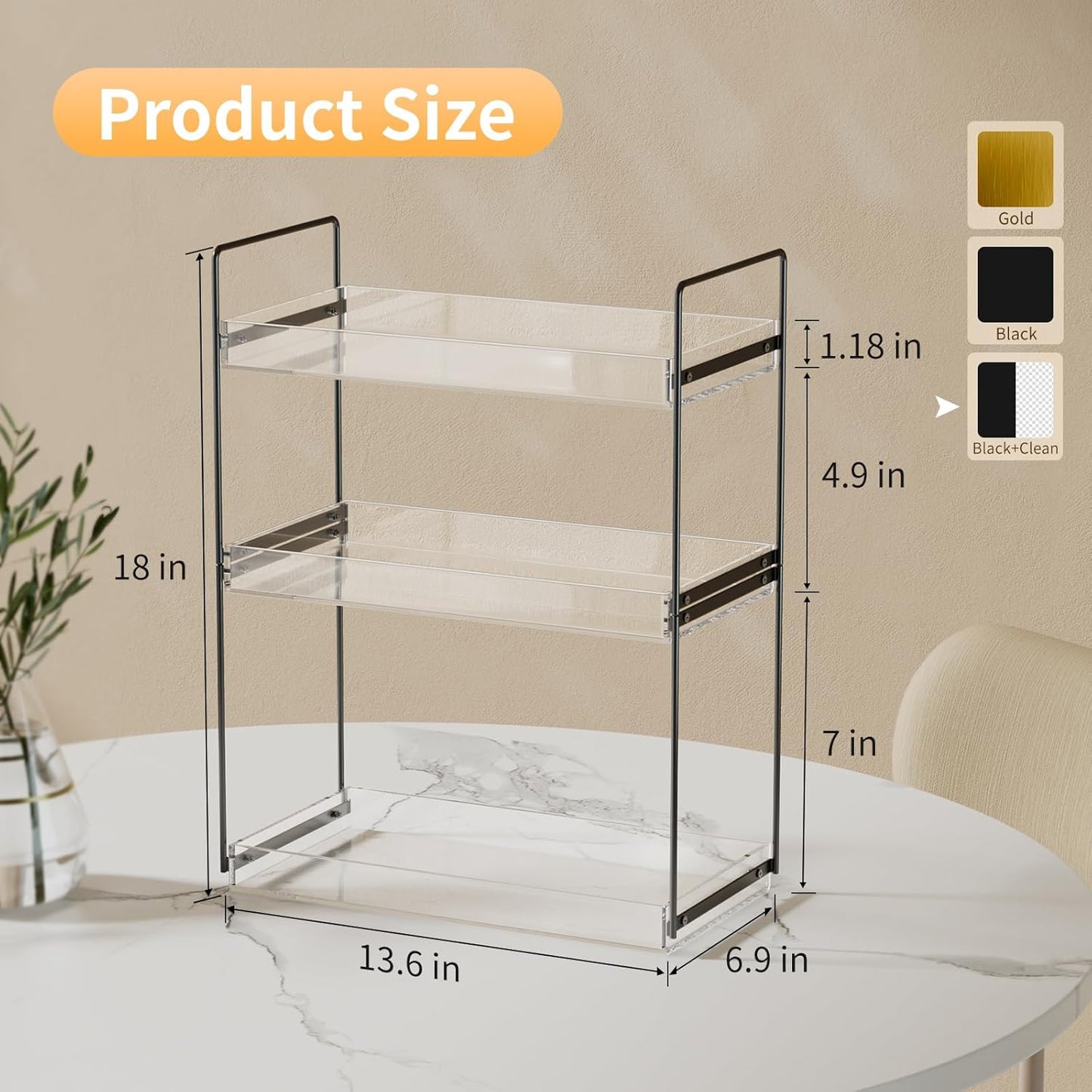 Bathroom Countertop Organizer, 3 Tier Metal Vanity Counter Skincare Shelf, Matte Black Under Sink with Acrylic Tray, Home Storage Holder for Makeup Cosmetics Perfume Spice,Black+Clear