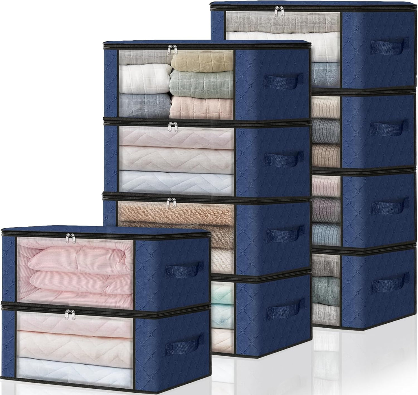 HomeHacks Storage 10-Pack Clothes Organizer Storage Bags Foldable Storage Box with Large Clear Window Sturdy Handles for Closet, Dorm, Pillows, Bedding, Clothes, Blankets, 35L, Blue