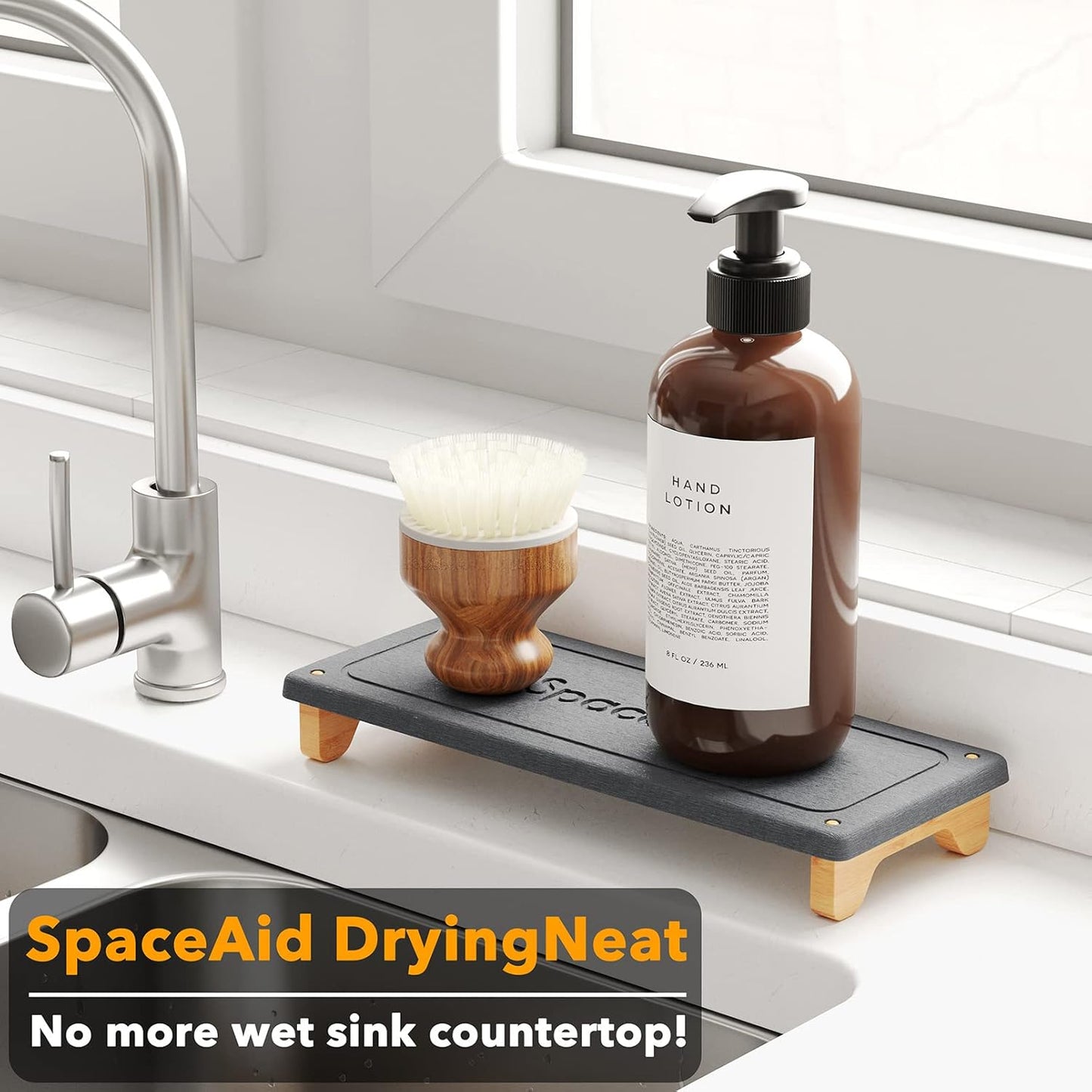SpaceAid DryingNeat Sink Organizer, Instant Dry Sink Caddy Organizers, Kitchen Sponge Soap Holder Dispenser, Countertop Fast Drying Rack (Bamboo Feet, Dark Gray)