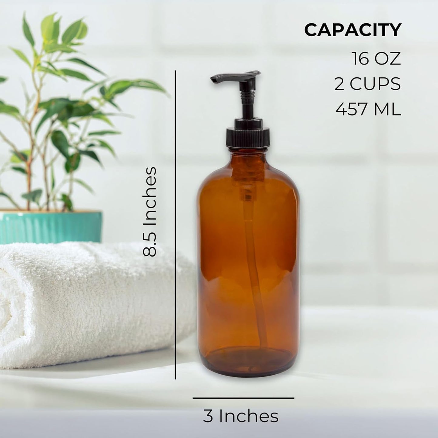 Cornucopia Brands 16oz Amber Glass Bottles w/ Pump Dispensers (2-Pack); Refillable Lotion Liquid Soap Pump Brown Bottles Labels, BPA-Free Plastic Tops