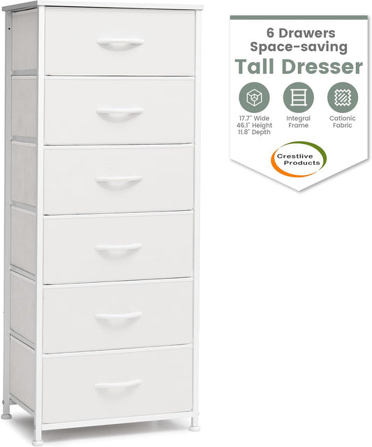 Crestlive Products Tall Dresser for Bedroom Vertical Storage Tower - Sturdy Steel Frame, Wood Top, Easy Pull Fabric Bins, Handles - Organizer Unit for Hallway, Entryway, Closets - 6 Drawers (White)