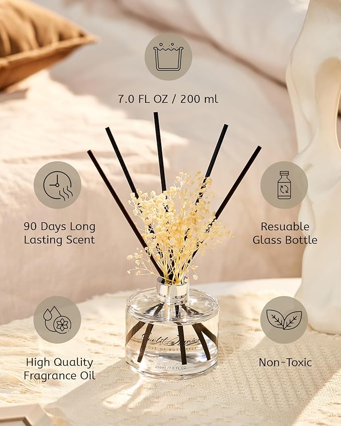 M&SENSE Reed Diffuser Set with 7 Sticks | 7.0oz Fresh Marine & Jasmine Scent, Home Fragrance Diffuser for Housewarming Diffuser Room Fresheners for Bathroom Long Lasting with Baby's Breath Flower