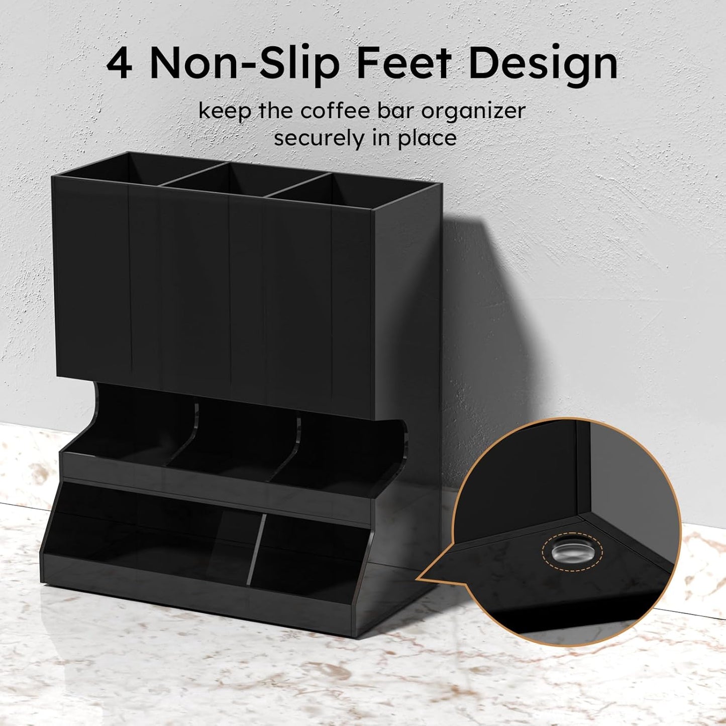 AITEE Modern Black Acrylic Coffee Pod Holder, 3-Compartment Dispenser Organizer for 30 K Cups, Sleek Smudge-Proof Design, Countertop Rack for Kitchen, Breakroom, Pantry, 8.9" L x 4.6" W x 10.2" H