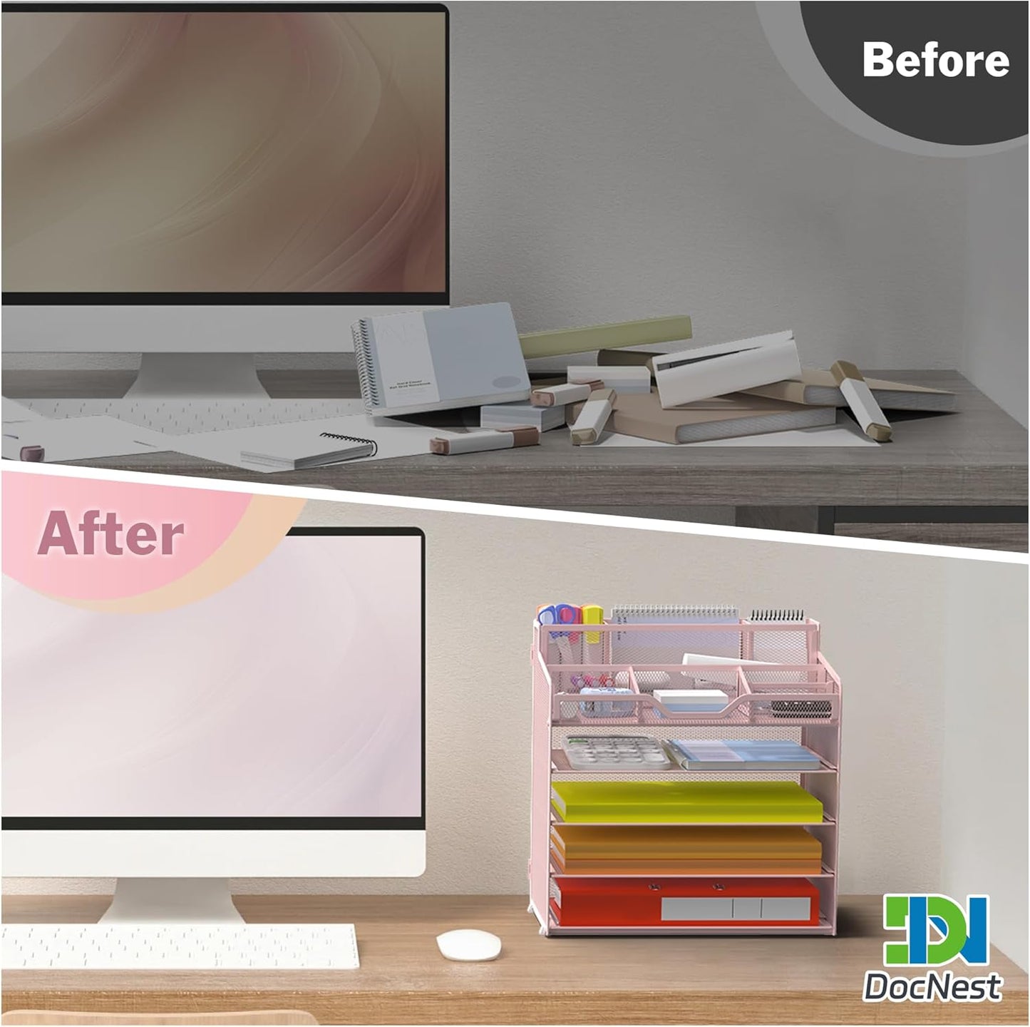 Docnest 5 Tier Mesh Desk Organizer for Paper Office Supplies – Multi-Functional Letter Tray with 5 Adjustable Compartments, 3 Pen Holders, Desktop Storage for Files, Mail, Stationery – Pink