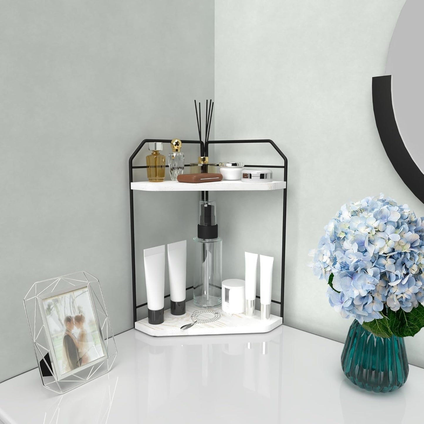 Corner Bathroom Counter Organizer - 2 Tier Wood Vanity Counter Shelf Perfume Skincare Holder, Countertop Corner Shelf Organizer for Bathroom, Kitchen, Rustic White